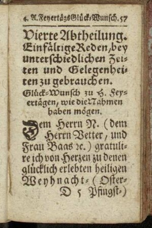Vierte Abtheilung. Einfältige Reden, bey unterschiedlichen Zeiten und Gelegenheiten zu gebrauchen.