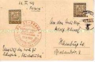 Rückseitig beschriebene Porträtpostkarte von Adolf Hitler mit Briefmarke aus dem "Protektorat Böhmen und Mähren" und Sonderstempel zum "50. Geburtstag des Führers"