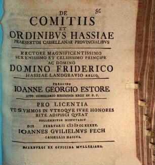 De comitiis et ordinibus Hassiae, praesertim Cassellanae, provincialibus