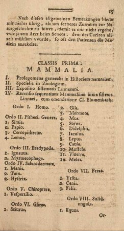 Classis prima: mammalia.