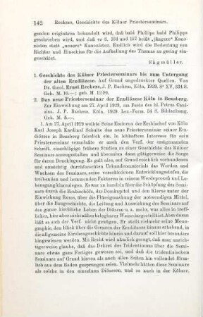 142-144 [Rezension] Reckers, Ernst, Geschichte des Kölner Priesterseminars bis zum Untergang der alten Erzdiözese