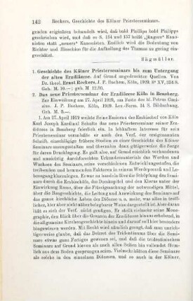 142-144 [Rezension] Reckers, Ernst, Geschichte des Kölner Priesterseminars bis zum Untergang der alten Erzdiözese
