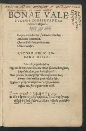 BONAE VALE||TVDINIS CONSERVANDAE || rationes aliquot.|| Simplicium ciborum facultates quaedam.|| Medicinae Encomion.|| Chorus illustrium medicorum.|| Nouem Musae.|| AVTORE HELIO EO=||BANO HESSO.|| ... ||