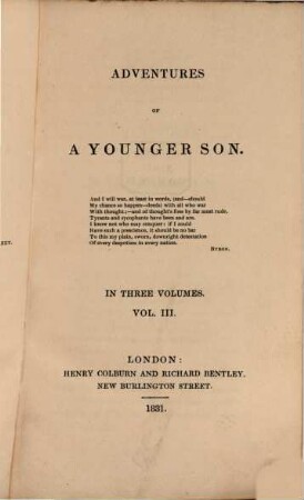 Adventures of a Younger Son. 3. (1831). - 338 S.