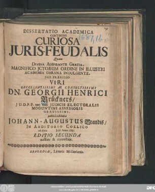 Dissertatio Academica Continens Curiosa Iuris-Feudalis