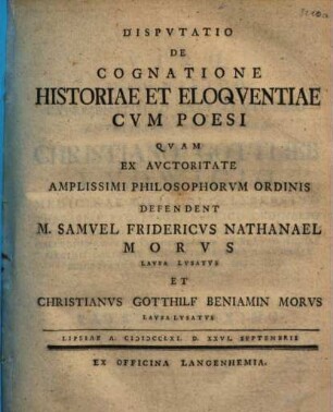 Dispvtatio De Cognatione Historiae Et Eloquentiae Cvm Poesi
