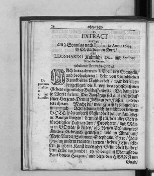IV. Extract aus der/ ... in St. Catharinen Kyrch/ von Leohnhardo Kulmich ... gehaltenen Mitwochs-Predigt.