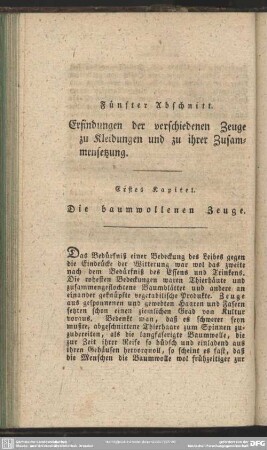 Fünfter Abschnitt. Erfindungen der verschiedenen Zeuge zu Kleidungen und zu ihrer Zusammensetzung