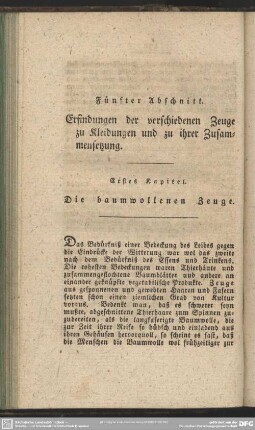 Fünfter Abschnitt. Erfindungen der verschiedenen Zeuge zu Kleidungen und zu ihrer Zusammensetzung