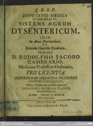 Disputatio Medica Inauguralis, Sistens Aegrum Dysentericum