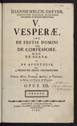 V. Vesperae. Opus XII. Organo.