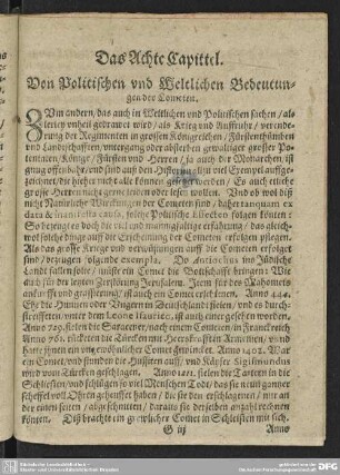 Das Achte Capittel. Von Politischen und Weltlichen Bedeutungen der Cometen.