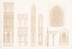Dom, Köln / Dom, Minden: Ansichten Langchor, Polygonchor Köln, Querschnitt, Fenster, Detail Minden (aus: Gotische Baukunst in Deutschland, hrsg. v. Zeichenaussch. d. Stud. d. TH Berlin, 1875)