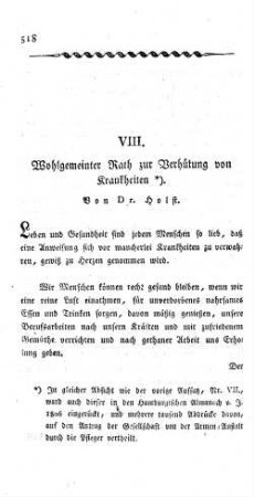 VIII. Wohlgemeinter Rath zur Verhütung von Krankheiten *).