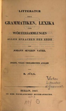 Litteratur der Grammatiken, Lexika und Wörtersammlungen aller Sprachen der Erde