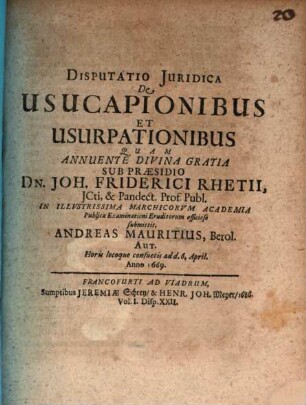 Disp. iur. de usucapionibus et usurpationibus