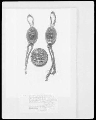 Siegel des Konstanzer Domkapitels mit thronender Maria und Siegel des Konstanzer Bischofs Heinrich II. von Klingenberg und Konventsiegel des Klosters Reichenau