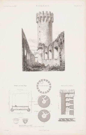 Schloss, Schwetz: Grundrisse, Perspektivische Ansicht, Schnitt, Details (aus: Atlas zur Zeitschrift für Bauwesen, hrsg. v. G. Erbkam, Jg. 16, 1866)