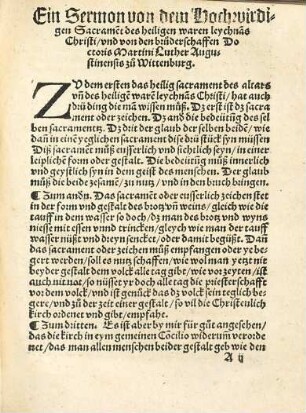 Ein Sermon von de[m] Hochwirdige[n] sacrame[n]t des heiligen waren lychnams Christi, vnd von den Bruderschaffen