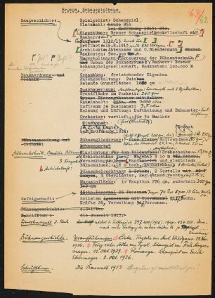 Schauspielhaus, Bremen: Schriftstück zum Fragebogen für das Handbuch »Das Deutsche Theater«, eine Seite