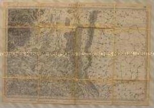Topographische Karte der Gegend nordöstlich von Altkirch und Mulhouse mit dem Harthwald in der elsässischen Oberrheinebene mit Einzeichnung der Infrastruktur und Einwohnerzahlen (in deutscher und französischer Sprache)