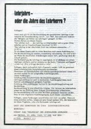Flugblatt mit dem Aufruf zu einer Protestdemonstration Dortmunder Lehrlinge gegen Mißstände in der Berufsausbildung