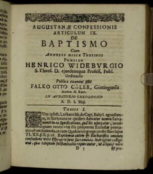 Augustanæ Confessionis Articulum IX. De Baptismo [...]