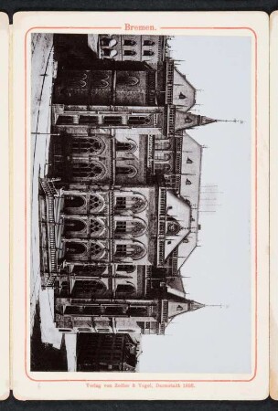 Albumseite mit Aufnahme von der Börse : Bremen. Souvenir-Leporello mit Aufnahmen aus der Altstadt. Leineneinband, beschichtet und bedruckt; 7,3 x 11,6 x 1,5 cm (1898; Verlag von Zedler und Vogel). Dresden: SLUB/DF 2005.A.600