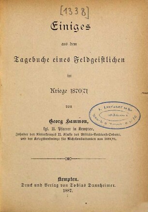 Einiges aus dem Tagebuche eines Feldgeistlichen im Kriege 1870/71