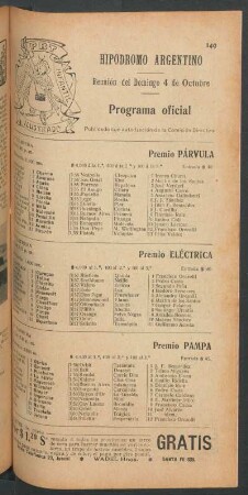 Hipódromo Argentino - Reunión del Domingo 4 de Octubre [de 1908] - Programa oficial