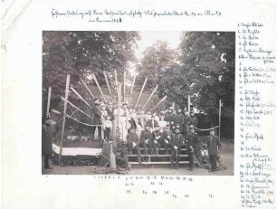 Offiziere, Damen und Kinder (einunddreissig Personen) bei Festveranstaltung auf dem Wasserübungsplatz in Ulm im Sommer 1896, teils stehend, teils sitzend auf geschmücktem Podest