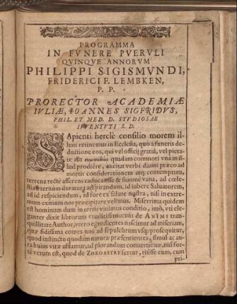 Programma In Funere Pueruli Quinque Annorum Philippi Sigismundi, Friderici F. Lembken [...]