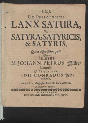 Ex Philologicis Lanx Satura, De Satyra, Satyricis, & Satyris