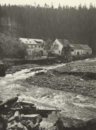 Gottleubatal, Zerstörung im Flussbett und an der Mühle an der Straße nach Hartmannsbach nach der Unwetterkatastrophe vom 8./9. Juli 1927