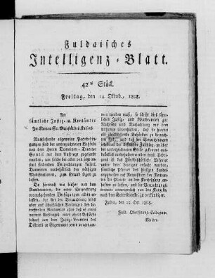 42tes Stück, Ausgabe vom 14. Oktob. 1808