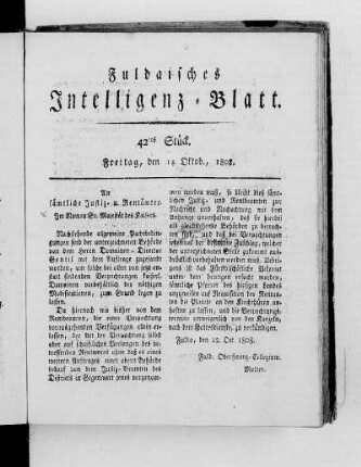 42tes Stück, Ausgabe vom 14. Oktob. 1808