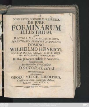 Dissertatio Inauguralis Juridica, De Jure Foeminarum Illustrium