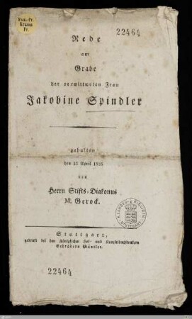 Rede am Grabe der verwittweten Frau Jakobine Spindler : gehalten den 13. April 1823