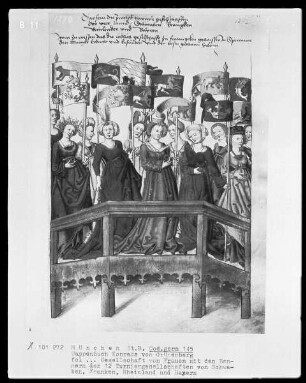 Das Wappenbuch Konrads von Grünenberg, Ritters und Bürgers zu Konstanz — Gesellschaft von Frauen mit den Bannern der zwölf Turniergesell- schaften von Schwaben, Franken, Rheinland und Bayern