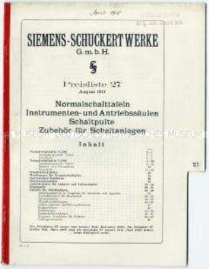 Preisliste 27 über Normalschalttafeln, Instrumenten- und Antriebssäulen, Schaltpulte und Zubehör für Schaltanlagen