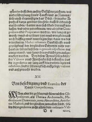 XII. Von besichtigung und Examine der Haupt Compositionen.