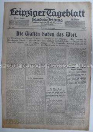 Lokale Tageszeitung "Leipziger Tageblatt" zu den ersten Kämpfen des 1. Weltkrieges