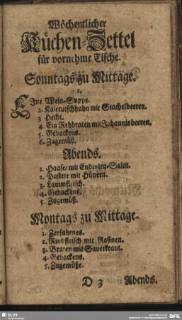 Küchen-Zettel für vornehme Tische