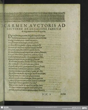 Carmen Auctoris Ad Lectorem De Occasione Fabricae & argumento huius operis
