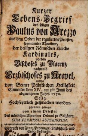 Kurzer Lebens-Begrif des seeligen Paulus Buralis von Arezzo