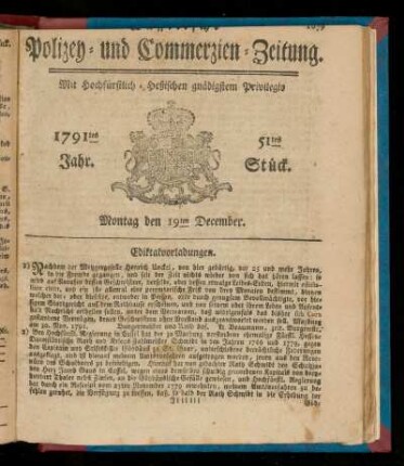 51tes Stueck, Montag den 19ten December. 1791