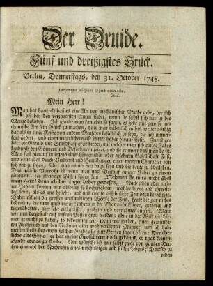 Fünf und dreißigstes Stück. Berlin, Donnerstags, den 31. October 1748