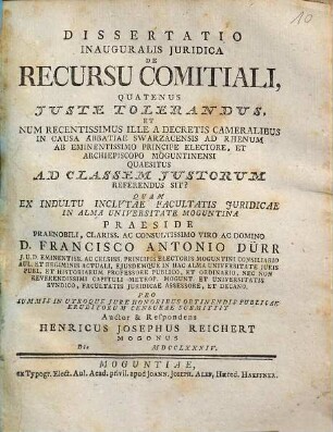 Dissertatio Inauguralis Iuridica de recursu comitiali, quatenus iuste tolerandus ... sit