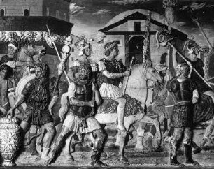 Mantegna-Truhe : Mantegna-Truhe. Holz, geschnitzt, bemalt (1477; Umkreis A. Mantegna) Detail mit Reiter. Klagenfurt: Landesmuseum für Kärnten