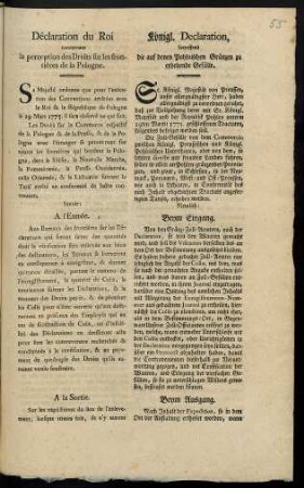 Déclaration du Roi concernant la perception des Droits sur les frontières de la Pologne : [Berlin, ce 24. May 1775.]